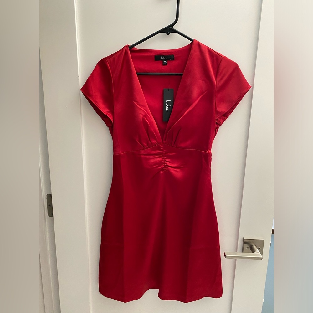 Lulus Red Satin Ruched Dress